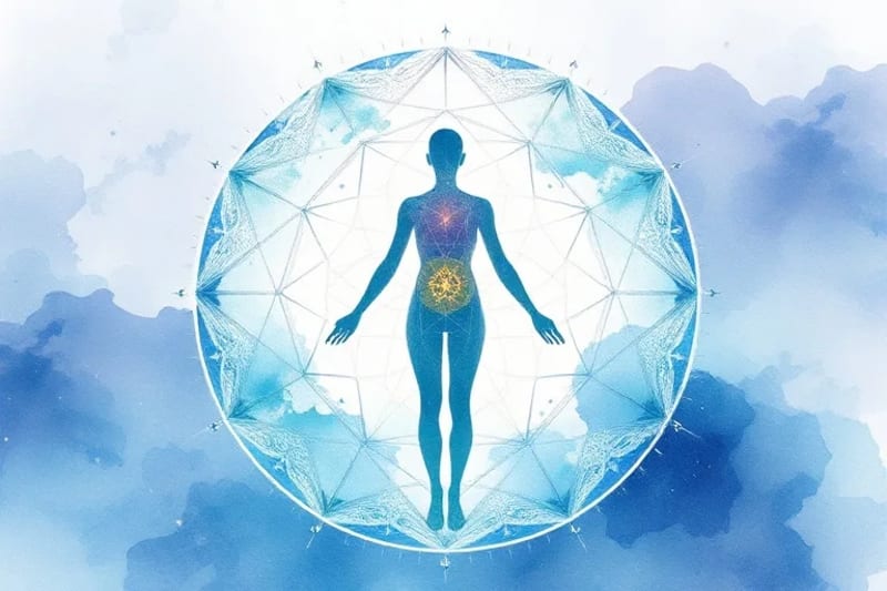 Watercolor illustration of abstract energy pathways within a human silhouette, with swirling colors and luminous points.