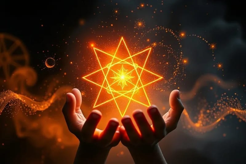 3D Render of abstract geometric shapes glowing with warm light, coalescing from mist, with hands cupped as if directing energy.