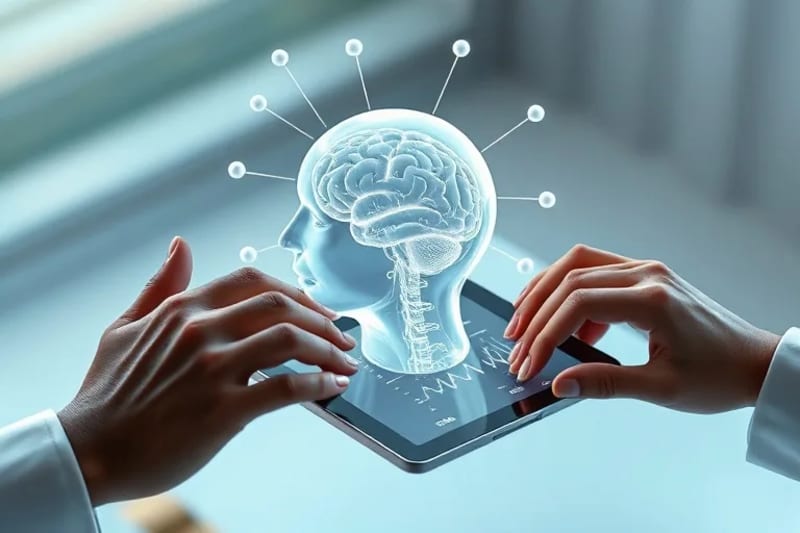 3D render of a human head model with AI data, symbolizing brain optimization