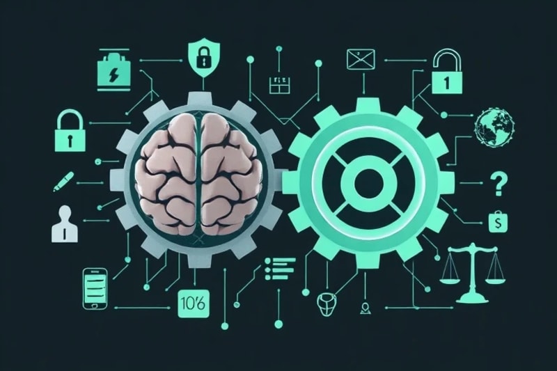 Vector art illustrating ethical dilemmas in neurohacking with symbolic gears and icons