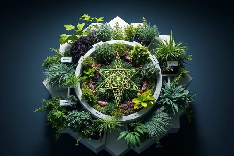 3D rendered vertical urban garden with planetary glyphs