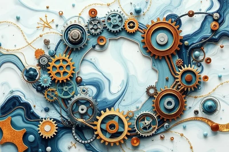 Ilustración 3D de un sistema de economía circular con engranajes interconectados y bucles continuos de materiales, simbolizando el flujo eficiente de recursos.