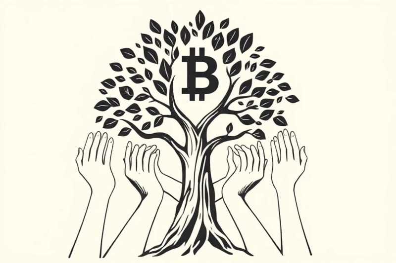 Ilustración vectorial de manos diversas construyendo colaborativamente un árbol estilizado con raíces fuertes y hojas florecientes, simbolizando el impacto colectivo de una empresa B Corp.