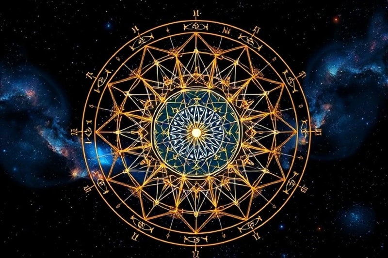 Carta astral abstracta con líneas y símbolos luminosos