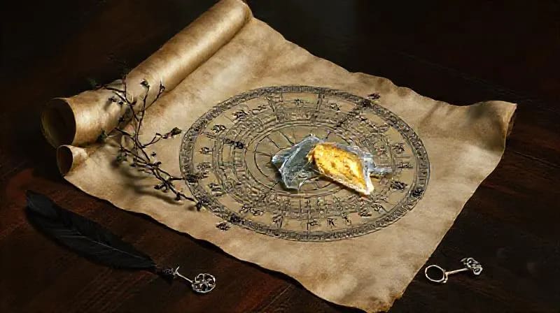 An ancient, unrolled scroll with astrological charts, one section with a shadowy vine and another with a glowing crystalline shard, symbolizing Lilith and Chiron.