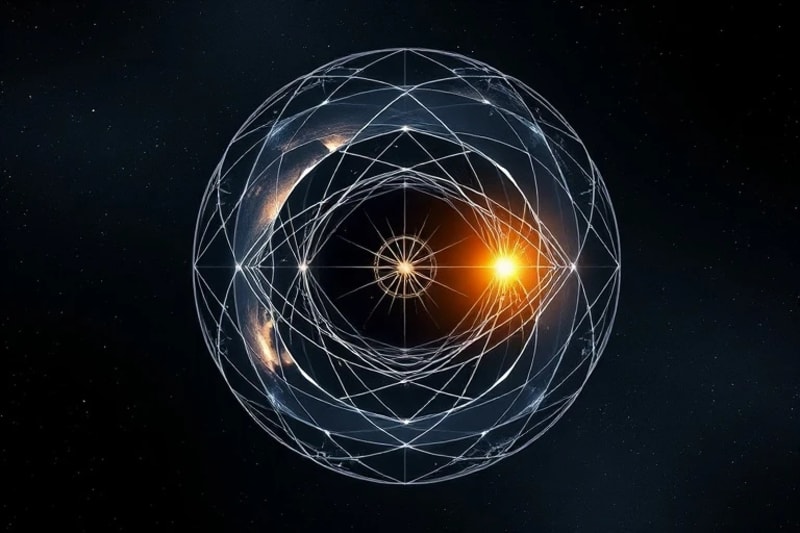A complex, interwoven 3D rendered Mobius strip of luminous threads, with a dark void and a golden fissure, symbolizing karmic cycles and healing.