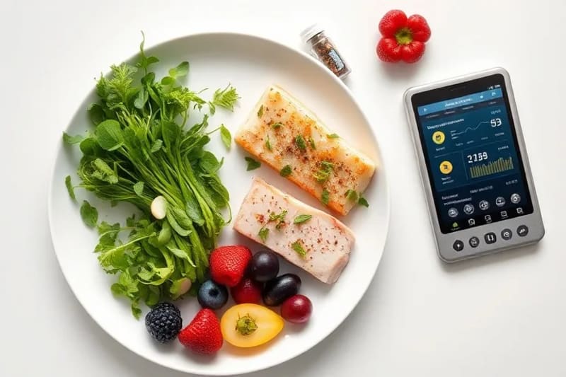 Plato de comida meticulosamente preparado con porciones exactas de proteínas, vegetales y carbohidratos, junto a suplementos personalizados y una tableta mostrando análisis nutricionales detallados