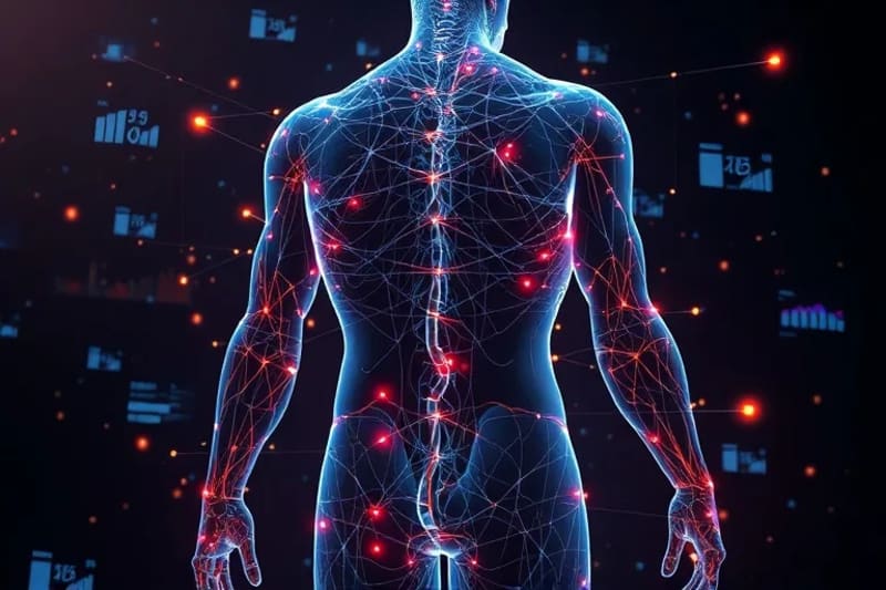 Representación abstracta de la integración de datos biométricos con la fisiología humana, mostrando redes neuronales y fibras musculares conectadas a flujos de datos y gráficos luminosos
