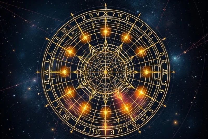 A digital painting of a stylized natal chart with constellations and fixed stars, showing energetic lines connecting them to planetary placements.