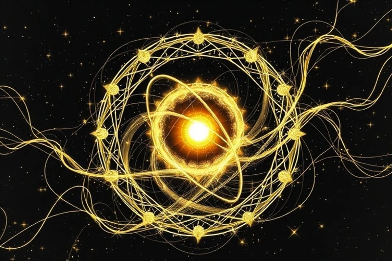 An abstract 3D render of intertwined golden threads of light representing soul purpose, emerging from a glowing orb, surrounded by crystalline fixed star structures.