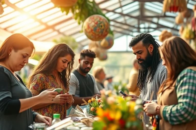 People mindfully selecting products in an eco-friendly marketplace, emphasizing ethical choices.
