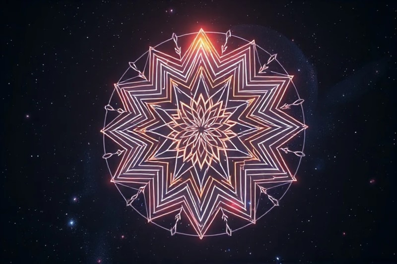 Abstract 3D render showing glowing spiritual symbols merging with sustainable modern architecture, symbolizing harmony.