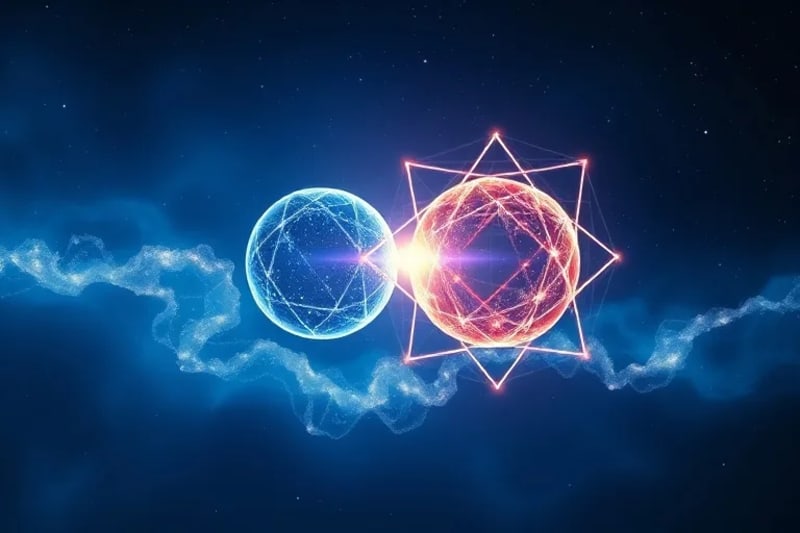 Two abstract, luminous energy spheres connected by a shimmering wave, symbolizing quantum synchronicity across cosmic distances.
