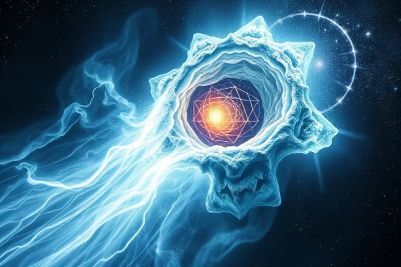 Detalle de un cometa con una cola brillante y etérea, cruzando un campo de estrellas, simbolizando la revelación de secretos kármicos.