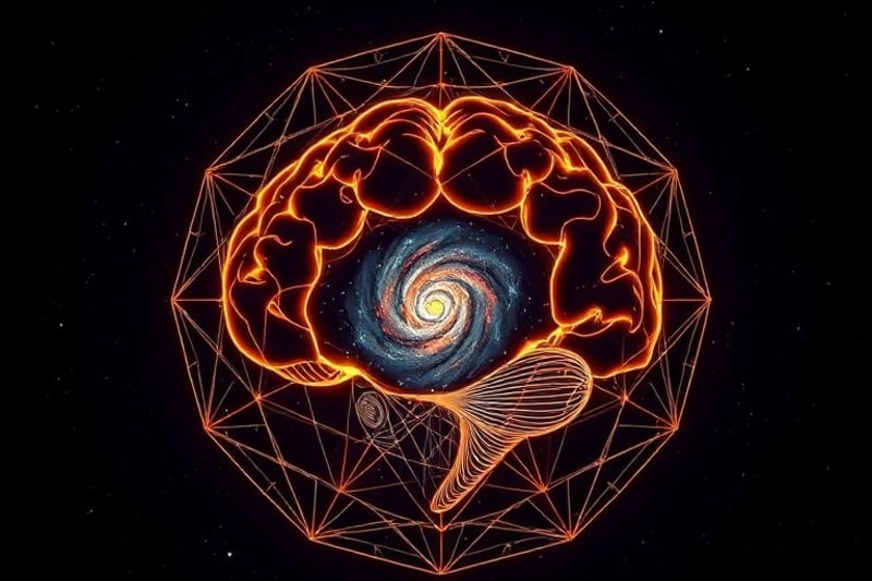 Stylized human brain with neural pathways extending and merging with a miniature galaxy, symbolizing individual and cosmic consciousness.