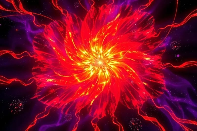 Imagen abstracta de una supernova en explosión, con colores vibrantes y ondas de energía expandiéndose, representando la transformación kármica y el renacimiento.