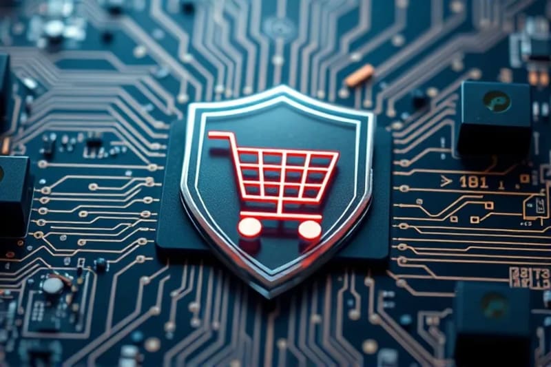 Escudo digital protegiendo un carrito de compras de amenazas