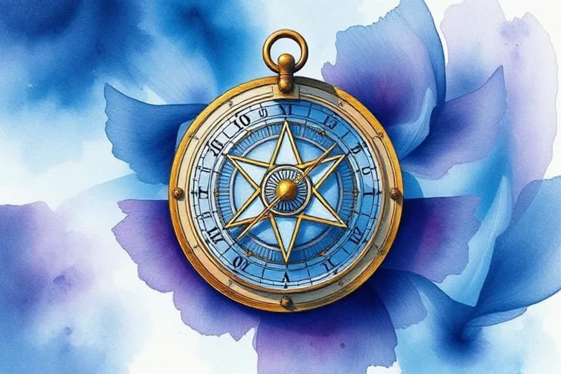A watercolor painting of an antique astrolabe surrounded by fading and vibrant astrological glyphs, symbolizing the subtle strengths and weaknesses of planetary dignities.