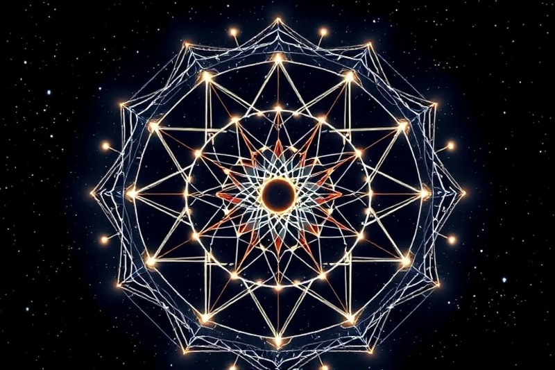 A 3D render of an abstract, geometric network of glowing lines and nodes representing interconnected energy flows and planetary influences, set against a dark cosmic background.