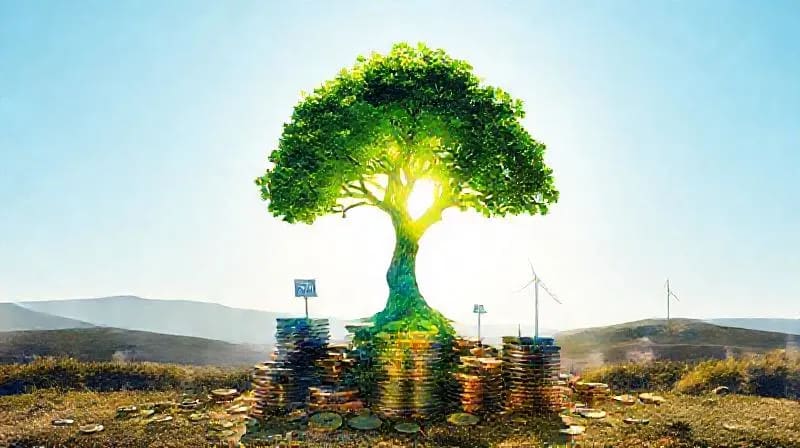 Ilustración vectorial de un árbol frondoso que crece de una pila de monedas, con raíces que se entrelazan con pequeños paneles solares y turbinas eólicas, simbolizando inversiones sostenibles y crecimiento.
