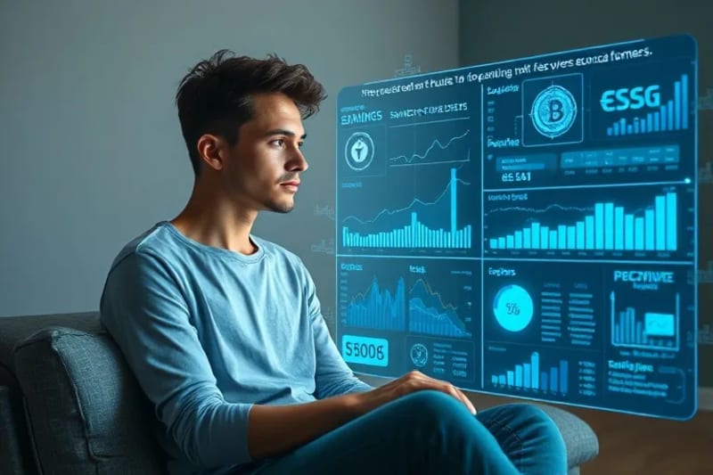Pintura digital de una persona joven mirando una proyección holográfica interactiva de su futuro financiero, mostrando gráficos de criptomonedas, rendimientos de inversiones sostenibles y líneas de tiempo de ahorro.