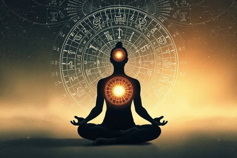 Silueta de una persona meditando, con proyecciones holográficas de datos astrológicos y cognitivos flotando sobre su cabeza, simbolizando la integración.