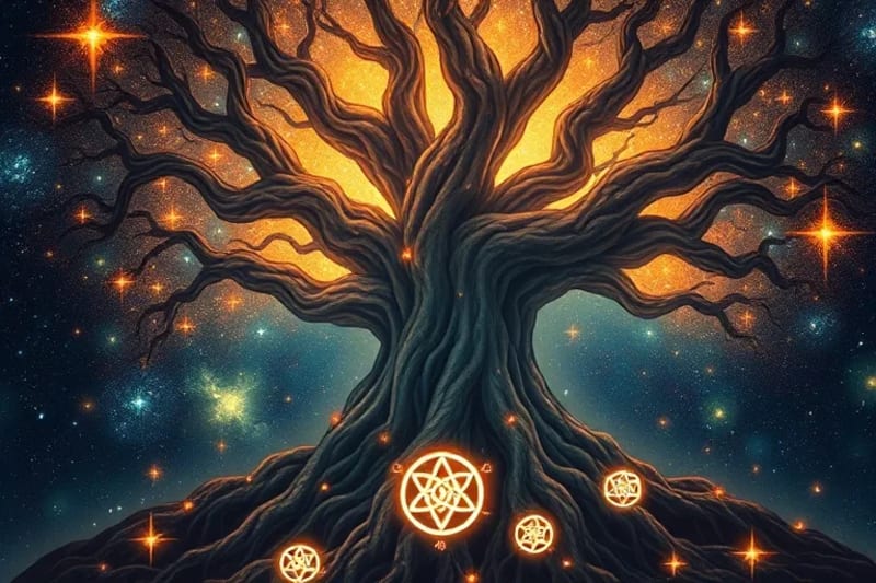 Ilustración de un roble antiguo con raíces conectadas a hilos de luz ancestrales