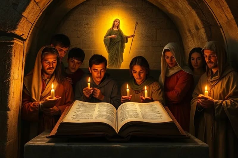 Fieles orando clandestinamente a la luz de las velas, con una silueta mariana etérea en el fondo