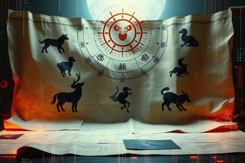 Ancient Chinese scrolls unrolling, revealing abstract representations of the five elements interacting with zodiac animal silhouettes