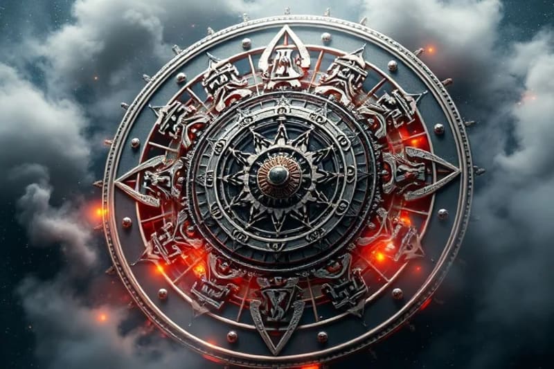 Abstract 3D render of a cosmic clockwork mechanism with Chinese characters and zodiac symbols, partially obscured by mist
