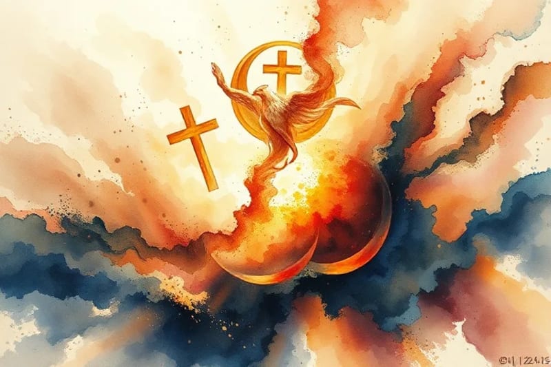 Pintura acuarela de un mundo en transformación con símbolos antiguos y nuevos