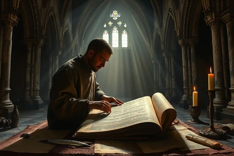 Monje medieval escribiendo manuscrito iluminado