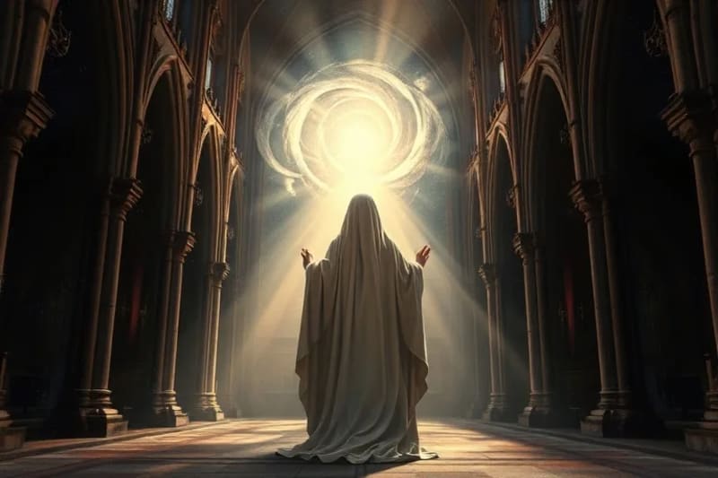 Representación etérea de la Virgen María, su figura velada señalando un vórtice de luz del que emergen símbolos proféticos, con un fondo cósmico de estrellas.