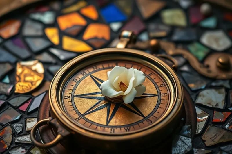 Brújula antigua apuntando a un futuro incierto, rodeada de fragmentos de vidrieras que reflejan imágenes históricas y proféticas, con una rosa blanca.