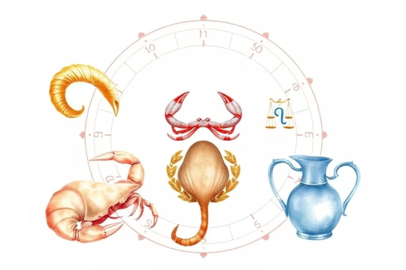Ilustración de acuarela con símbolos zodiacales como un león, balanza y cuerno de carnero