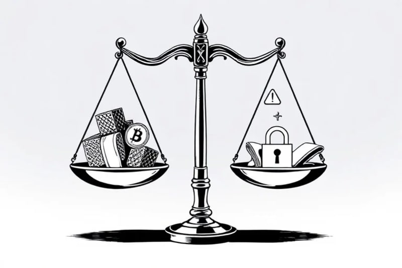 Ilustración de balanzas de justicia digitales entrelazadas con símbolos de blockchain y documentos legales