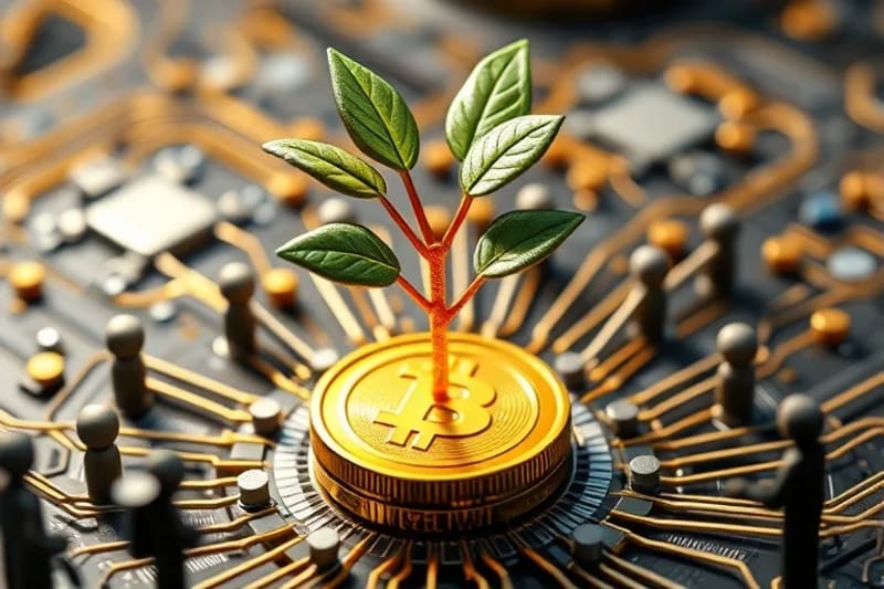 Moneda digital brotando como una planta, rodeada de engranajes y figuras humanas estilizadas colaborando