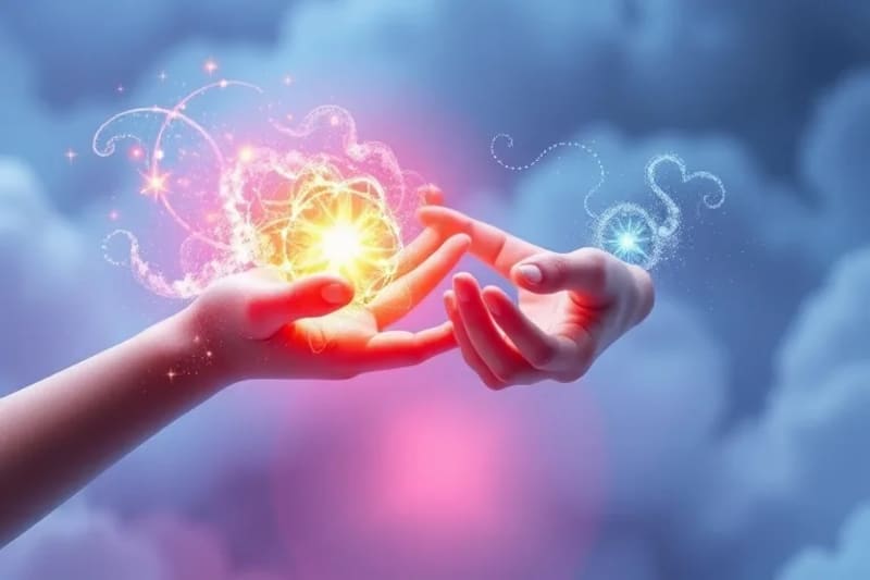 Abstract digital painting of two stardust hands connecting, one vibrant and strong, the other diffused, symbolizing the energetic exchange and potential for integration in relationships.