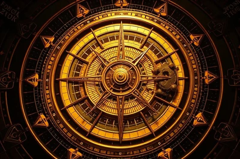 3D render of a stylized, antique astrolabe with illuminated, aligned sections representing planetary strength and dim, misaligned sections representing challenges, symbolizing balance and evolution.