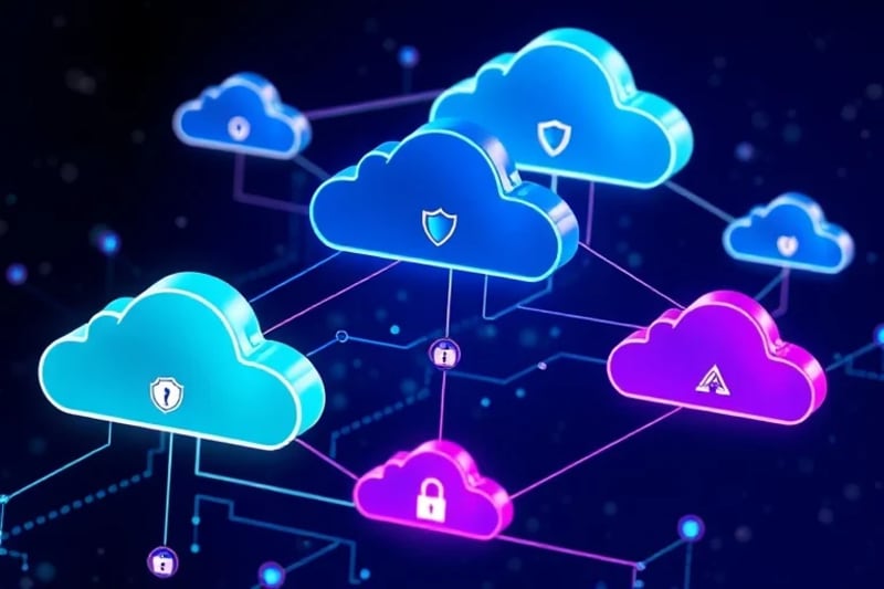 Representación abstracta de múltiples nubes interconectadas con flujos de datos, simbolizando la complejidad de la gobernanza multicloud