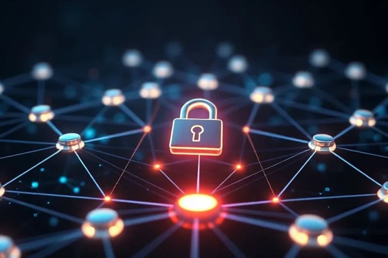 Estructura de red descentralizada con nodos brillantes y un candado digital central, simbolizando la ciberseguridad distribuida