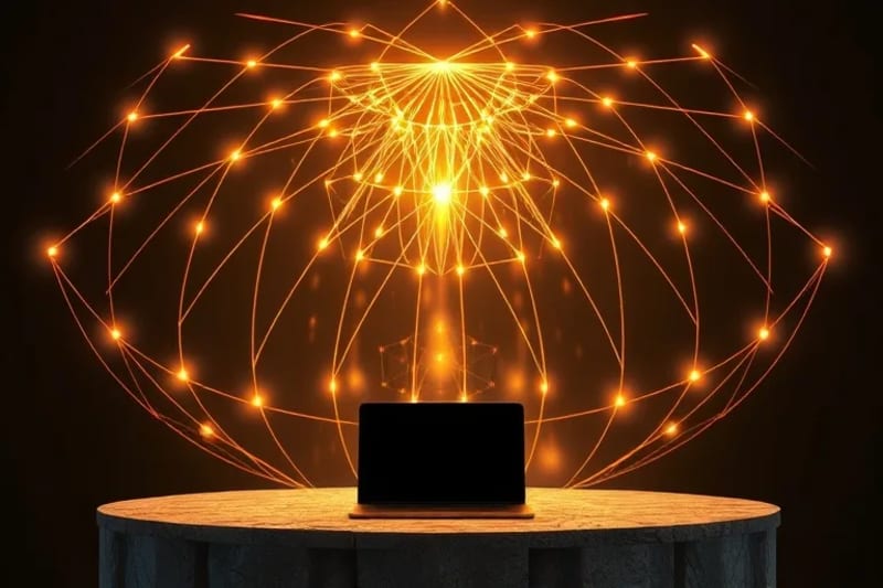 Representación abstracta de la luz divina emanando de un punto central, extendiéndose como una red protectora sobre siluetas de dispositivos digitales.