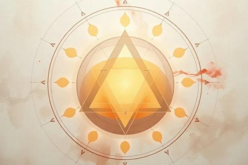 Pintura abstracta con formas geométricas translúcidas superpuestas en tonos suaves, emanando una luz dorada central