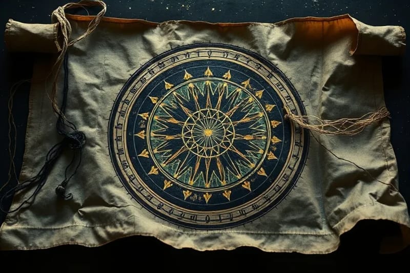Ancient scroll revealing astrological chart with karmic threads, symbolizing past wounds and future healing.