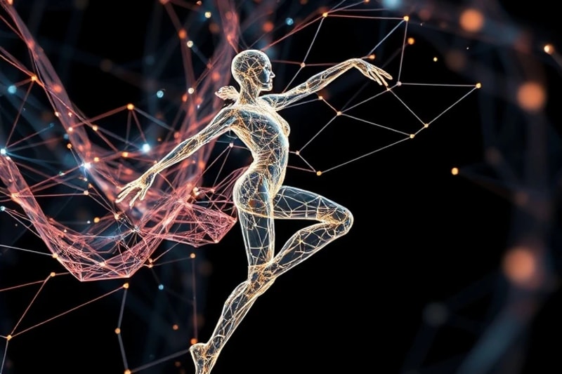 Representación digital de datos de movimiento con formas geométricas y luces, simbolizando la coreografía en un entorno virtual.