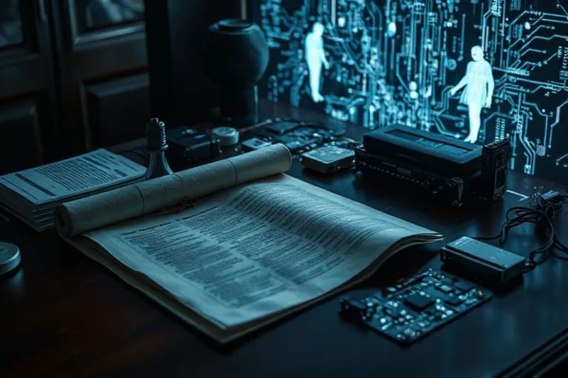 Documentos legales y circuitos electrónicos entrelazados, simbolizando la convergencia del derecho y la tecnología en la propiedad intelectual.