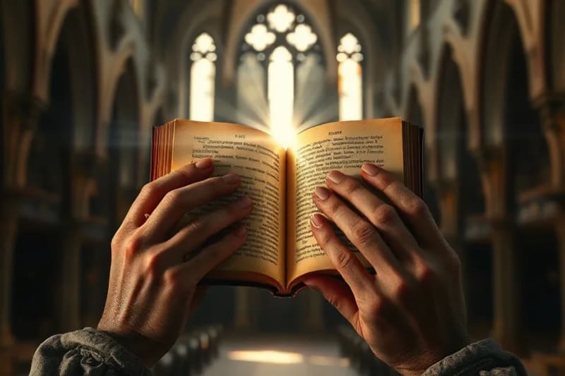 Manos de monje sosteniendo un libro de oración antiguo con luz etérea