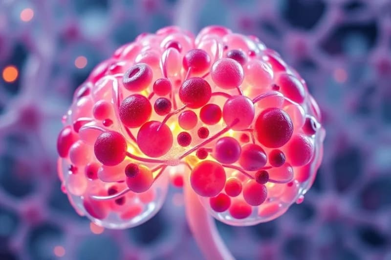 Extreme close-up of a vibrant, multi-cellular 3D organoid resembling a miniature brain, with intricate cellular arrangements and textures under microscopic light.