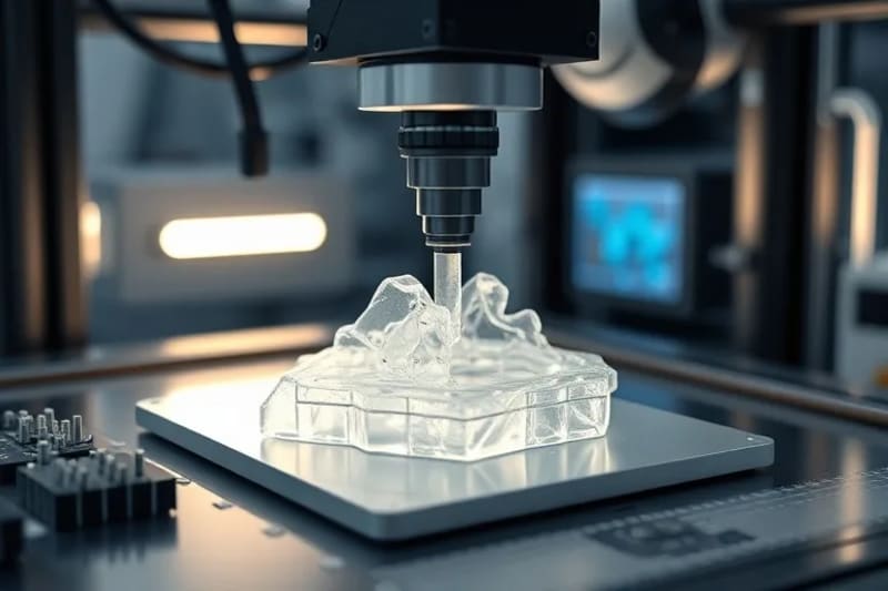 3D render of a sophisticated bioprinter with a robotic arm precisely extruding bio-ink to form a complex tissue structure layer by layer, illuminated by focused light.