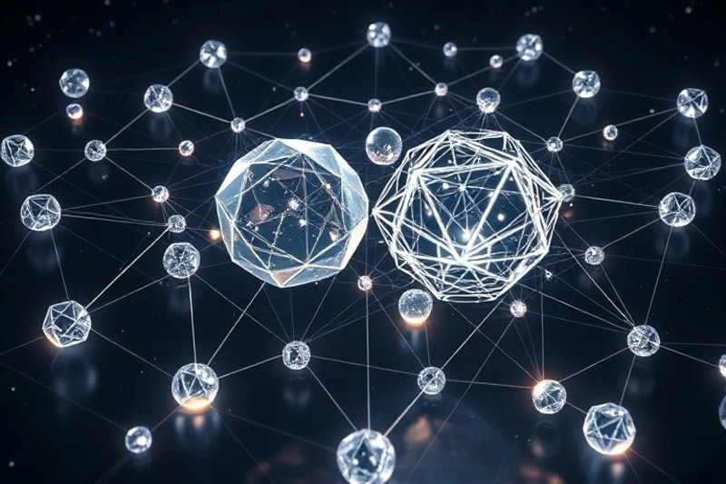 3D render of a complex network of luminous geometric shapes, representing intricate relationship dynamics and attachment patterns.